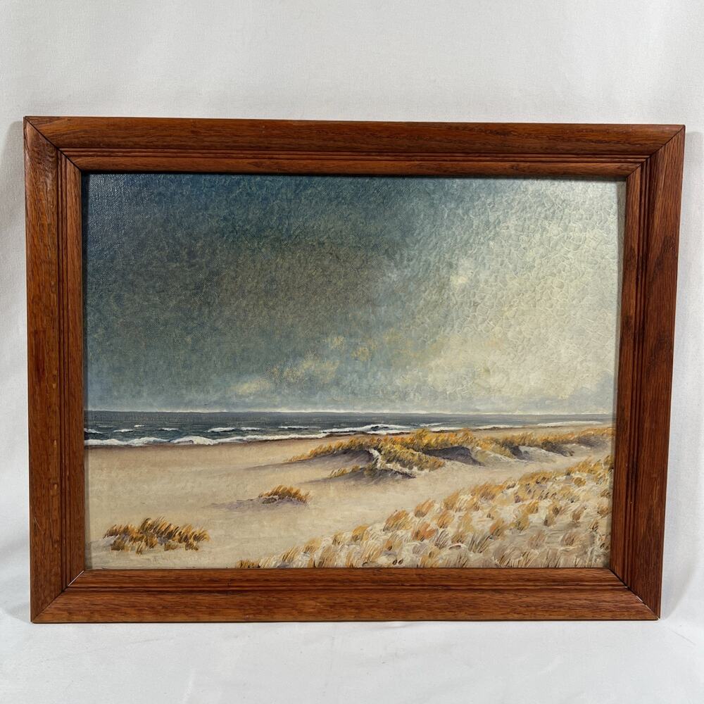 Vintage Painting Ocean Beach Sea Sand Waves Grass Cottage Cabin Wood Frame Coast